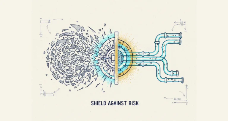 Hand-drawn technical schematic of an Integrated Data Flow Firewall on textured paper, showing chaotic corrupted data fragments being blocked by a reinforced circular barrier fueled by smooth, organized blue data pipes, with the text SHIELD AGAINST RISK.