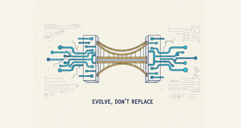 A hand-drawn technical blueprint in light mode illustrating a modular data stack where a new segment gracefully connects to an existing, partially deconstructed old segment, symbolizing modernization without full replacement, featuring the text 'EVOLVE, DON'T REPLACE' in midnight blue.